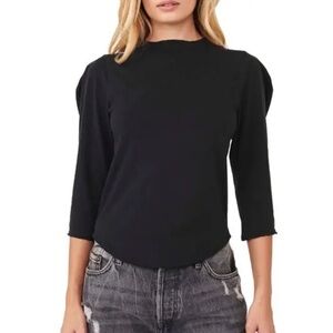 We The Free People Clover Puff-Sleeve Top Black Sz Medium Cotton Milkmaid Casual